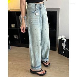 Women's Jeans Spring High Waist Pant Women Diamond Bling Fashion Casual Loose Pleated Ladies Trousers Korean Wide Leg Woman Denim Pants