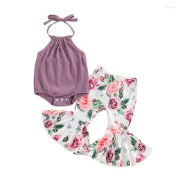 Clothing Sets Baby Girl Clothes Rib Knit Romper Floral Flare Pants Set Cute 2Pc Infant Girls Summer Outfits 0 6 12 18 24 Months