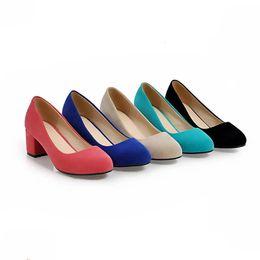 Women Square Heel Round Toe Flock Pumps Plus Size 33-34 Black Red Blue Elegant Office Shoes For Ladies Comfortable Slip Ons 5cm 240429