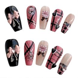 Pink Black False Nails with Pearls Natural Unbreakable Nail Simple Wear for Manicure Lovers and Beauty Bloggers 240430