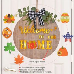 Decorative Figurines Wall Hanging Mason With Lights 11.8inch Wooden Wreath Door Sign Lamp Welcome Decoration Front