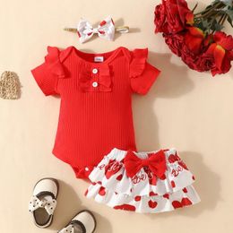 Clothing Sets CitgeeSummer Valentine's Day Infant Baby Girls Shorts Red Short Sleeve Ruffle Romper Heart Print Headband