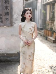 Ethnic Clothing 2024 Spring/Summer Sleeveless Cotton Printed Long Cheongsam Chinese Style Girl Standing Neck Low Slit Qipao