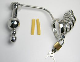 Newest Male Stainless Steel adjustable Anal plug Butt beads+cock cage belt Art Device SM Sex toys8969217