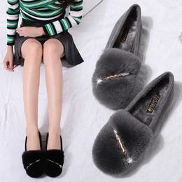 Casual Shoes Fur Women Plush Flats Furry Loafers Large Size Ladies Crystal Moccasins Femmes Real Cotton Fleeces