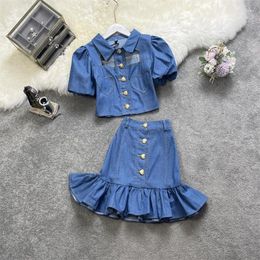 Work Dresses Women Summer Denim Clothing Sets Single Breasted Puff Short Sleeve Pockets Tops Jeans Fishtail Skirt Suits For Girls