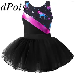 Stage Wear Kids Girls Sleeveless Printed Gymnastic Leotard With Tutu Skirt Dancewear Ballet Dress For Dancing Competition Performance