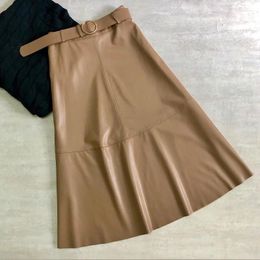 Skirts 2024 Fall Spring Western Style Fashion High Waist Slim All-match Women Pu Leather Skirt Belt A-line Long