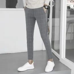 Men's Pants 2024 Spring Summer Fashion Slim Fit Stretch Male High Waist Plaid Trousers Korean Casual Pencil I641