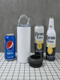 4 in 1 16oz Sublimation Straight Beer Cooler White Blank Tumblers With 2 Lids Stainless Steel cola Can cooler Double Insulated Col4824220