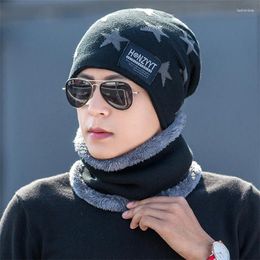 Berets Men And Women Hats Set Winter Knit Beanie Cap Velvet Hat Scarf Outdoor Riding Warm Thickening Balaclava Mask Bonnet