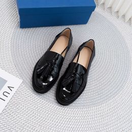 Genuine women's singles shoes, British style, black patent leather, one footed loafers, simple small leather shoes for women