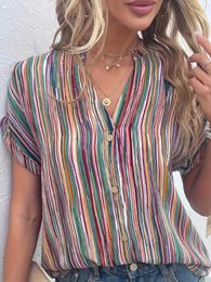 Women's T-Shirt Plus size casual shirt womens Plus striped printed button decoration short sleeved notched neckline shirtL2405