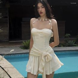 Casual Dresses 2024 Summer Sexy Strapless Dress Celebrity Tie-up Waist Sweet Leated Short White Vestidos Boho Vacation Holiday Y2k