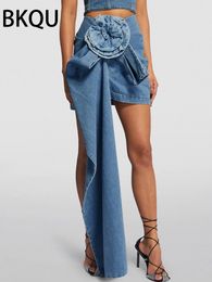 BKQU Denim Skirts Women Streetwear High Waist Three-dimensional Flower Design Blue Mini Skirts 2024 Summer Asymmetric Hip Skirt 240423