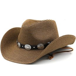 Summer Men Women Straw Hollow Western Cowboy Hat Elegant Lady Punk Brand Sombrero Hombre Cowgirl Outdoor Jazz Beach Sun 240429