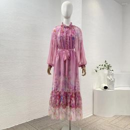 Casual Dresses 2024 Spring Pink Yellow Floral Print Long Sleeve Flouncing Ruffle Loose Silk Midi Dress