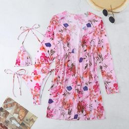 Women's Swimwear Women Bathing Suit 3 Piece Swimsuit With Kimono String Bikini Sets Long Sleeve Beach Cover Up Print Pool Swimming