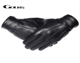 Gours Men039s Genuine Leather Gloves Real Sheepskin Black Touch Screen Gloves Button Fashion Brand Winter Warm Mittens New GSM04661335