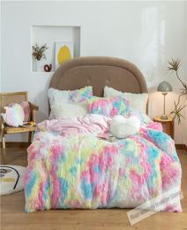 Fluffy Velvet 27 Colors Bedding Set Mink Fleece Duvet Cover Flat Fitted Sheet Pillowcases Queen King size 467pcs Customizable LJ3465399