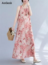 Casual Dresses Cotton Sleeveless Vintage Print Summer Women 2024 Loose Long Dress Elegant Femme Vestidos Fashion Bohe Clothing