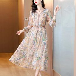 Party Dresses 2024 Boho Floral Silk V-Neck Bandage Long Dress Women's Elegant Casual Fancy Autumn Korean Fashion Bodycon