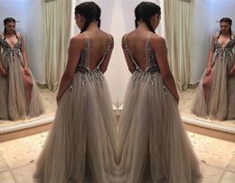 Deep V Neck Long Prom Dress Front Split Sparkly Bodice Backless Graduation Evening Party Gown Plus Size Custom Made9949567