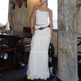 Skirts Fairycore Elegant White Flowy Hem Long Women Elastic Waist Ruffle Lace Trim Flare A-Line Retro Streetwear