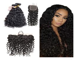 Raw unprocessed human virgin hair water wave bundles 3 or 4 pcs with hand tied frontal lace closure 13X4 PLUS 4X46163602