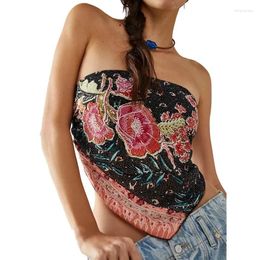 Women's Tanks Y2k Sexy Spicy Girl Vintage Flower Top Printed Strapless Open Back Irregular Summer Slim Fit Tank Street Wear YDL41