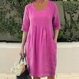 Party Dresses Casual Cotton Linen Loose Midi Dress Summer Elegant O-neck Half Sleeve Women Fashion Pocket Draped Solid Beach