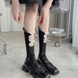 Women Socks Lolita Bow Hollow-out Flower Lace Embroidered Mesh Calf Sock Summer Sweet Japanese Breathable Female