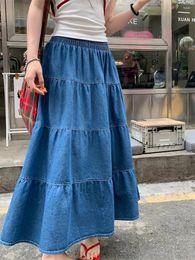 Skirts Benuynffy Vintage Ruffle Hem Denim Skirt Women Spring Summer 2024 Korean Casual Elastic Waist A-line Female Swing Long