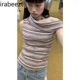 Women's T Shirts Retro Diagonal Shoulder Design Striped T-shirt Female Summer Girls Sexy Off-the-shoulder Slimming Short Top