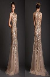 Krikor Jabotian Evening Dresses Gold Mermaid Shape Tulle Sheer See Through Appliques Prom Dress Emboridery Long Formal Dubai Gowns7195211