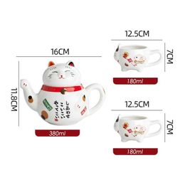 Teaware Sets 1 Set Maneki Neko Lucky Cat Ceramic Teaware 1 Teapot and 2 Tea Cups Gift Box Porcelain Tea Kettle With Strainer