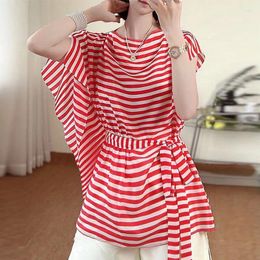 Women's Blouses Clothing Fashion Irregular Blouse Casual Striped Waist Drawstring Basic Summer Asymmetrical Commute Korean Loose Shirt