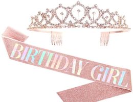 Bling Rhinestone Crystal Crown Tiara Birthday Anniversary Decoration Happy 18 21 30 40 50th Birthday Satin Sash Party Supplies Y025938246