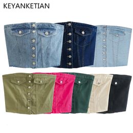 KEYANKETIAN Women Sexy Strapless Single Breasted Denim Tube Corset Summer Ladies Back Pleats High Waist Wrap Chest Crop Vest Top 240422