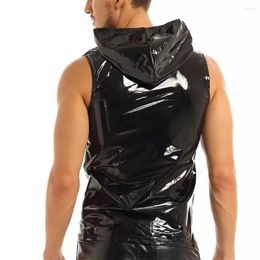 Men's Tank Tops Men Hooded Wet Look Patent Leather Vest Male Sleeveless T-Shirt Zip Up Singlets Handsome Man Club Party Tee