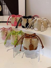 Drawstring Ins Parent-child Grass Woven Mini Shoulder Bag Children's Small Bucket Adult Kids Girls Straddle Handbag