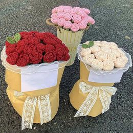 Decorative Flowers Artificial Knitting Rose Flower Branch Handmade Finished Crocheted Woven Floral Bouquet Wedding Party Home Gifts