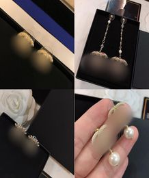 Simple 18K Gold Plated Brand Designer Letter Stud Geometric Famous Women Round Crystal Rhinestone Pearl Earring Wedding Party Jewe1117463
