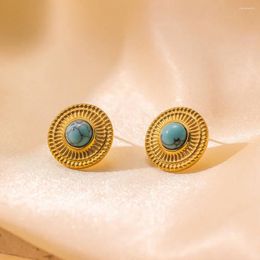 Dangle Earrings Blue Turquoise Stone Imitation Pearls Stainless Steel Round Stud Gold Color Fashion Vintage France Jewelry Gift