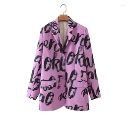 Women's Suits Spring Vintage Graffiti Letter Print Women Suit Jacket Notched Collar Long Sleeve Single-breasted Female Blazers Casual