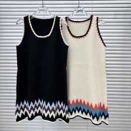 Casual Dresses White Black Vintage Wave Embroidery Bottom Vest Loose Dress 2024 Spring Contrasting Colour Fashion Sleeveless Short