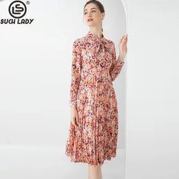 Casual Dresses Women's Runway Lace Up Bow Collar Long Sleeves Printed Floral Pleated High Street Fashion Designer Mid Vestidos