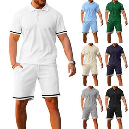 Men's Tracksuits Summer Sports Suit Lapel Button Striped Patchwork Short Sleeve Polo Shirt And Shorts Casual Plus Size Clothing