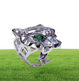 Luxury Green Eyes Zircon Leopard Head 925 Sterling Silver Finger Ring Panther Animal Hollow Party Wedding Silver Jewelry J011284475776436