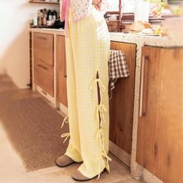 Women's Pants Elastic Waist Plaid Print Wide Leg Trousers With Side Slit Bowknot Lace-up Detail Mid-rise For Women Work